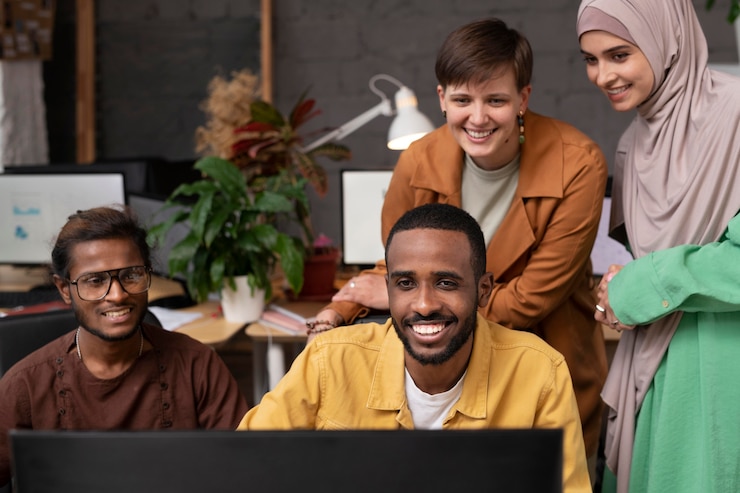 Foto gratuito compañeros de tiro medio mirando la computadora