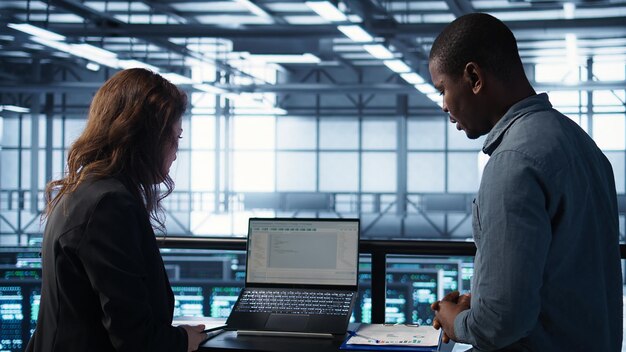 Compañeros de trabajo en la sala de servidores que utilizan inteligencia artificial en portátiles y tabletas