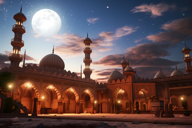 El complejo edificio de la mezquita y la arquitectura por la noche