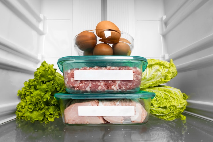 Foto gratuito composición de alimentos crudos saludables en la nevera.