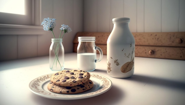 Foto gratuita composición con botella de leche y galletas con chispas de chocolate ia generativa