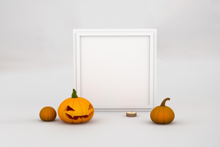 Foto gratuito composición de calabaza de halloween con marco cuadrado y vela