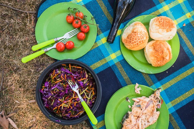 Composición de comida de picnic y vino