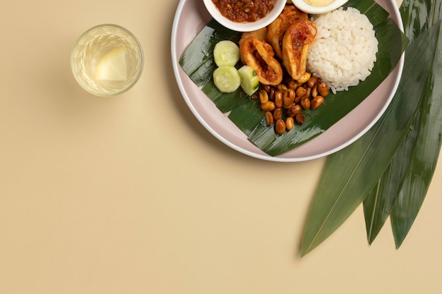 Foto gratuita composición de comida tradicional nasi lemak laicos plana