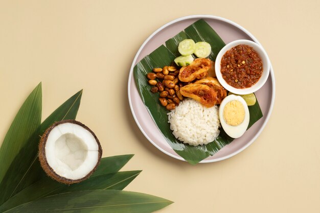 Composición de comida tradicional nasi lemak laicos plana