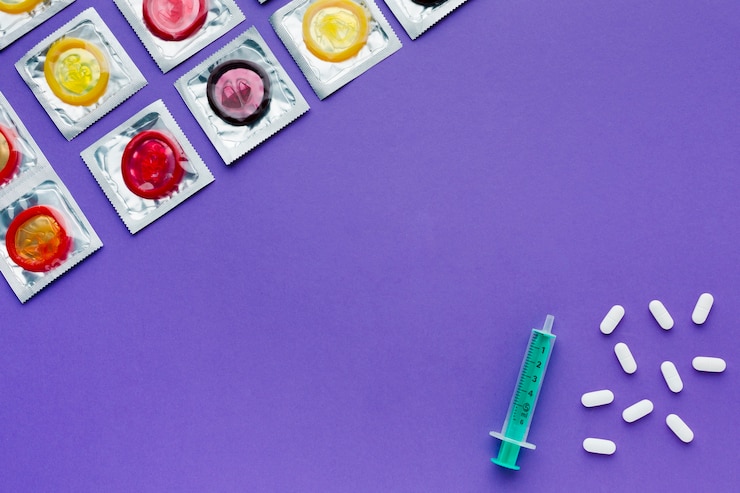 Foto gratuito composición del concepto de anticoncepción sobre fondo morado