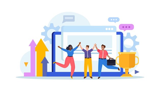 Composición de la cultura corporativa con ventanas de computadora flechas iconos de engranajes copa de trofeo y personajes de garabatos de compañeros de trabajo ilustración vectorial