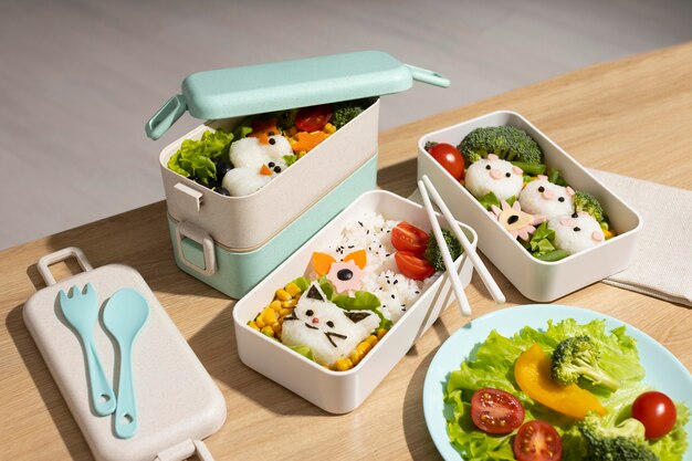 Composición de deliciosa caja bento japonesa.