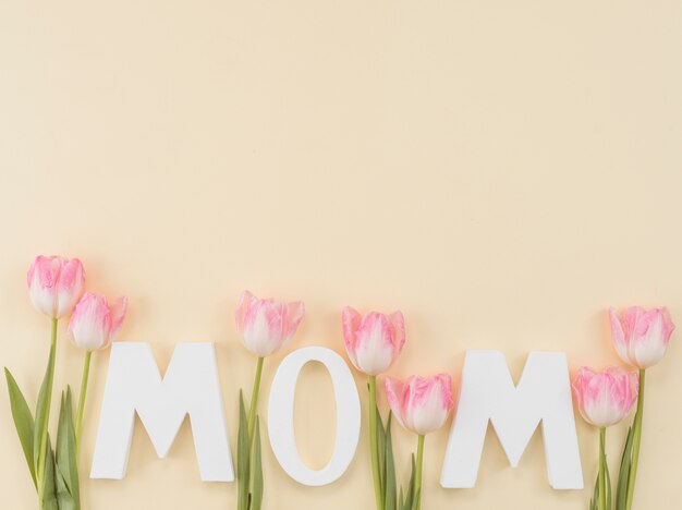 Composición del día de la madre con tulipanes.