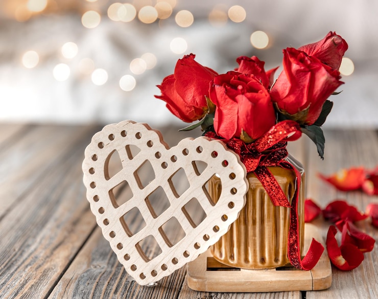 Foto gratuito composición para el día de san valentín con rosas en un jarrón y un corazón decorativo