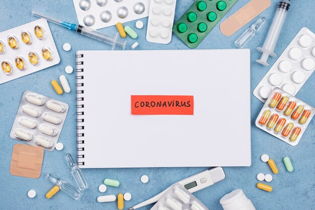 Composición de elementos médicos planos con etiqueta de coronavirus en el bloc de notas
