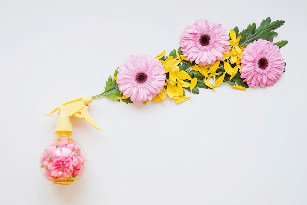 Composición de flores cerca de la botella de spray