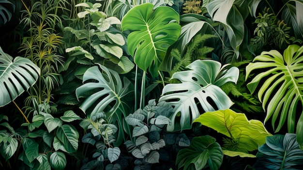 Composición fotográfica de exuberantes plantas tropicales.