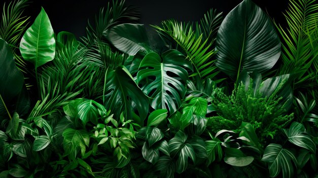 Composición fotográfica de hojas verdes tropicales sobre fondo oscuro