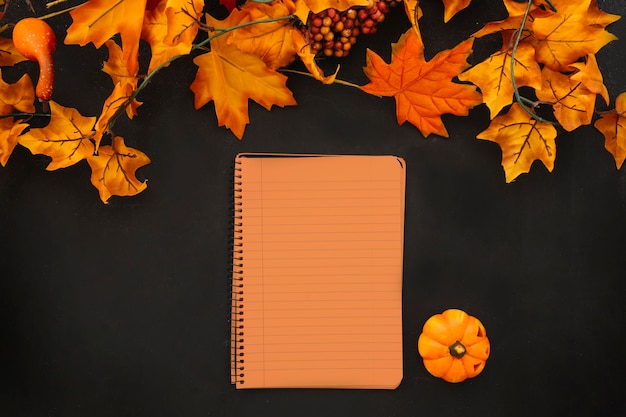 Composición de halloween con libro y hojas de otoño