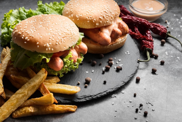 Composición de hamburguesa deliciosa de alto ángulo en placa negra