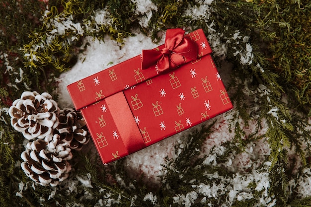 Composición de invierno con caja de regalos en medio