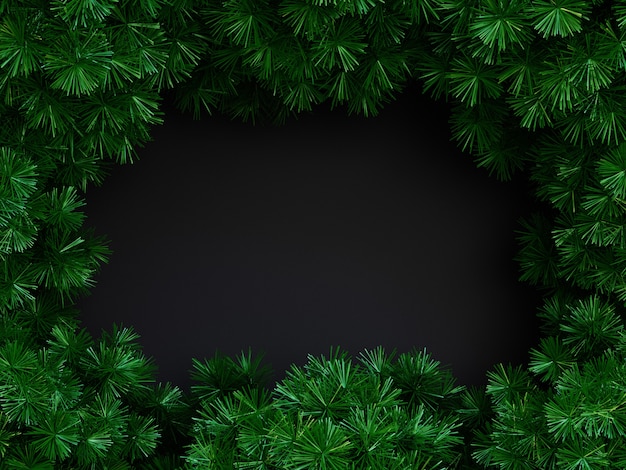 Composición de marco de feliz Navidad con ramas de pino Vista superior. Maqueta de marco de año nuevo con espacio de copia Representación 3D
