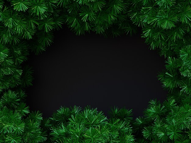 Composición de marco de feliz Navidad con ramas de pino Vista superior. Maqueta de marco de año nuevo con espacio de copia Representación 3D