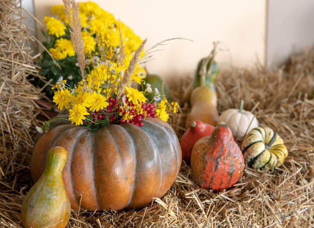 Composición otoñal con calabazas en estilo rústico