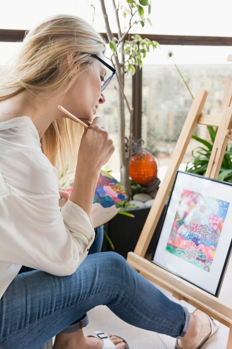 Foto gratuito composición de pintura con modelo femenino