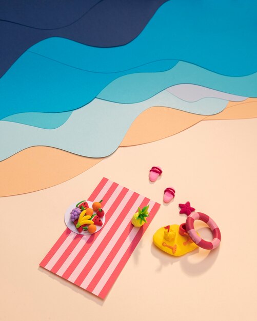 Composición de playa de verano hecha en papel.