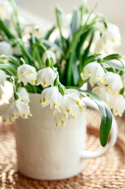 Foto gratuita composición de primavera con campanillas en un primer plano de la taza