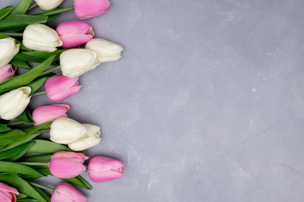 Composición de primavera con tulipanes en gris texturizado