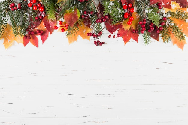 Composición de ramas de abeto y follaje con nieve decorativa.