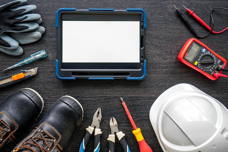 Foto gratuito composición con tableta digital y elementos de trabajo de electricista.