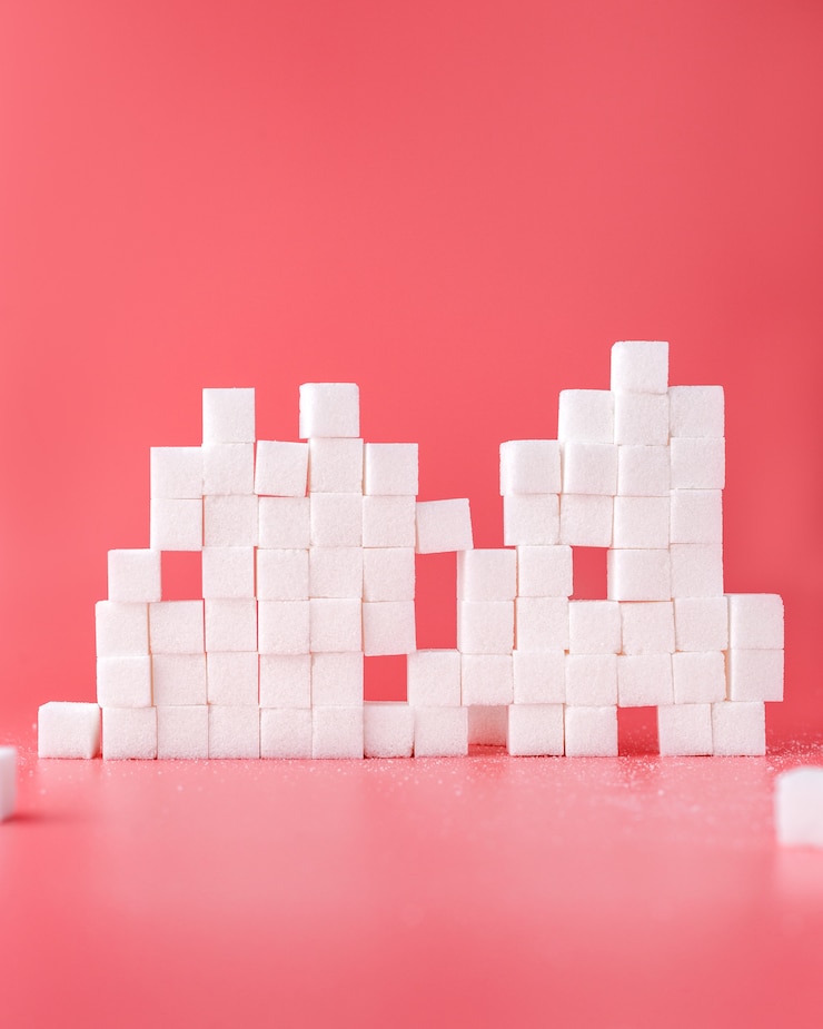 Foto gratuito composición de terrones de azúcar blanca en rojo
