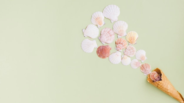 Foto gratuita composición de verano con conchas y cono de helado