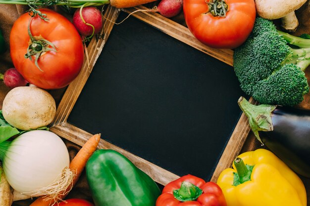 Composición de verduras frescas con pizarra