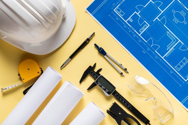 Composición de la vista superior de diferentes elementos del proyecto arquitectónico.