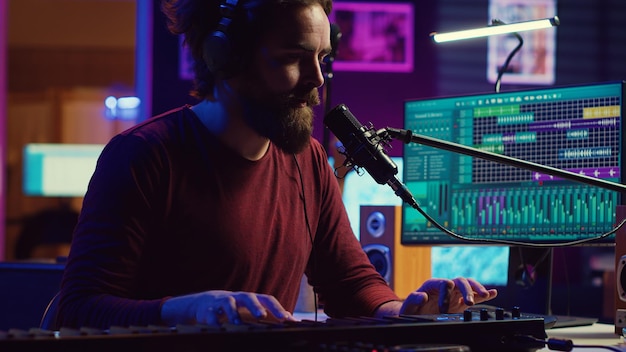 Compositor grabando una nueva canción con micrófono y controlador midi