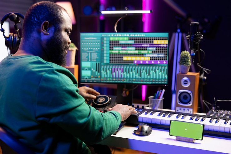 Foto gratuito compositor masculino usando la consola de mezcla y el piano para editar pistas