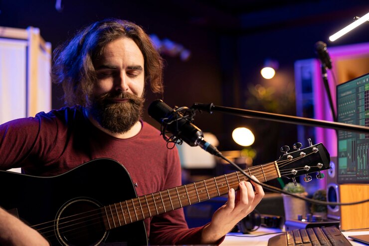 Foto gratuito compositor tocando la guitarra acústica y cantando en el micrófono en su estudio casero