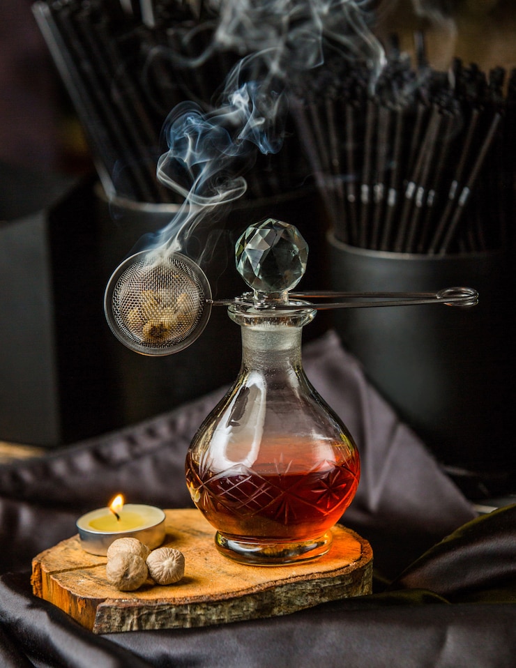 Foto gratuito composto rojo en frasco de vidrio y aroma de vapor.