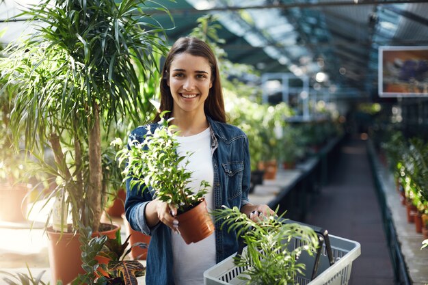 Compradora femenina comprando plantas para su hogar en una tienda de vegetación.