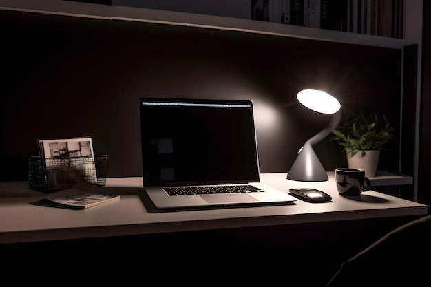 Foto gratuita computadora portátil en la mesa en una oficina oscura concepto de lugar de trabajo