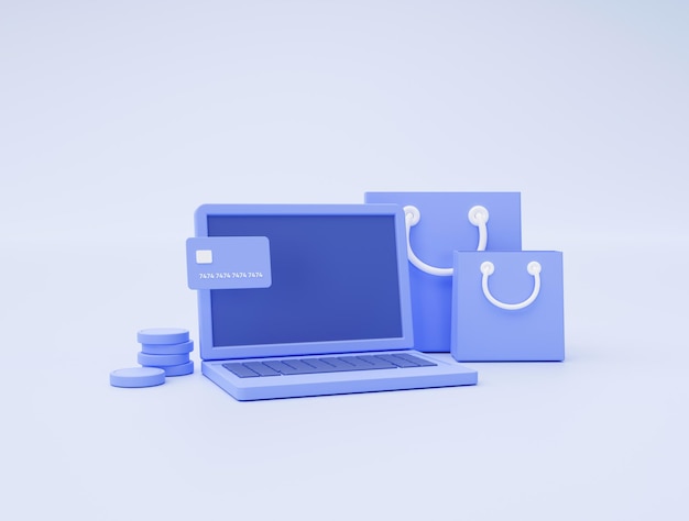 Computadora portátil con pago con tarjeta de crédito concepto de comercio electrónico de bolsa de compras en línea sobre fondo azul ilustración 3d