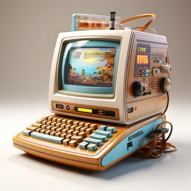 Foto gratuita computadora portátil retro en fondo gris ilustración de renderizado en 3d