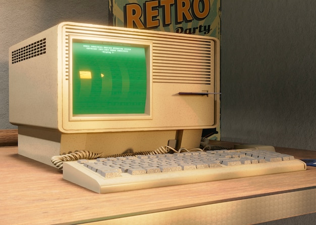 Computadora retro en arreglo de escritorio
