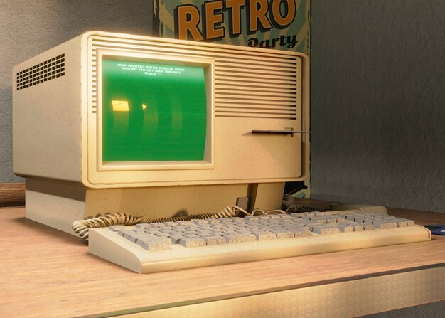 Computadora retro en arreglo de escritorio