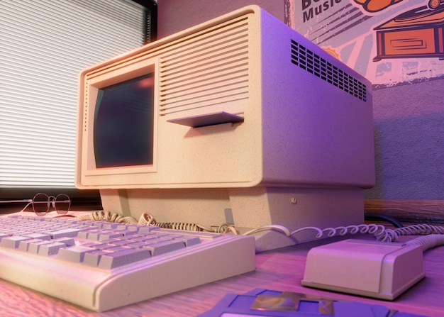 Computadora retro en arreglo de escritorio