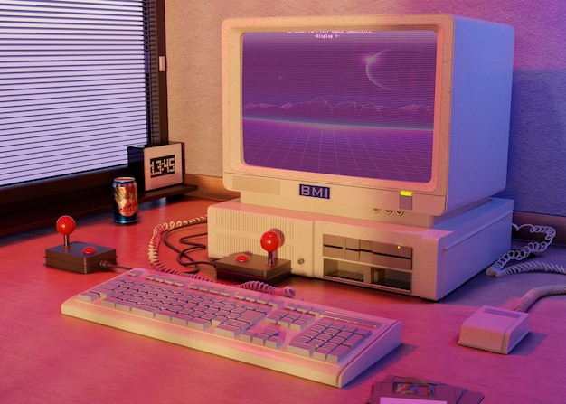 Computadora retro en arreglo de escritorio