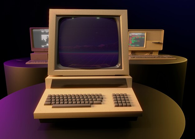 Computadora retro en arreglo de escritorio