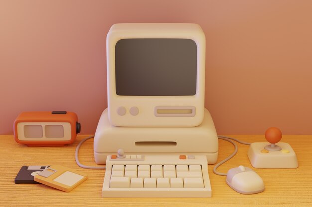 Computadora retro en arreglo de escritorio