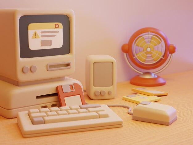 Computadora retro en arreglo de escritorio