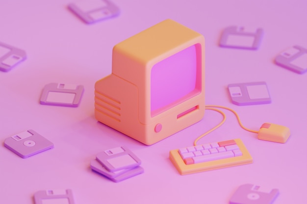 Computadora retro en arreglo de escritorio